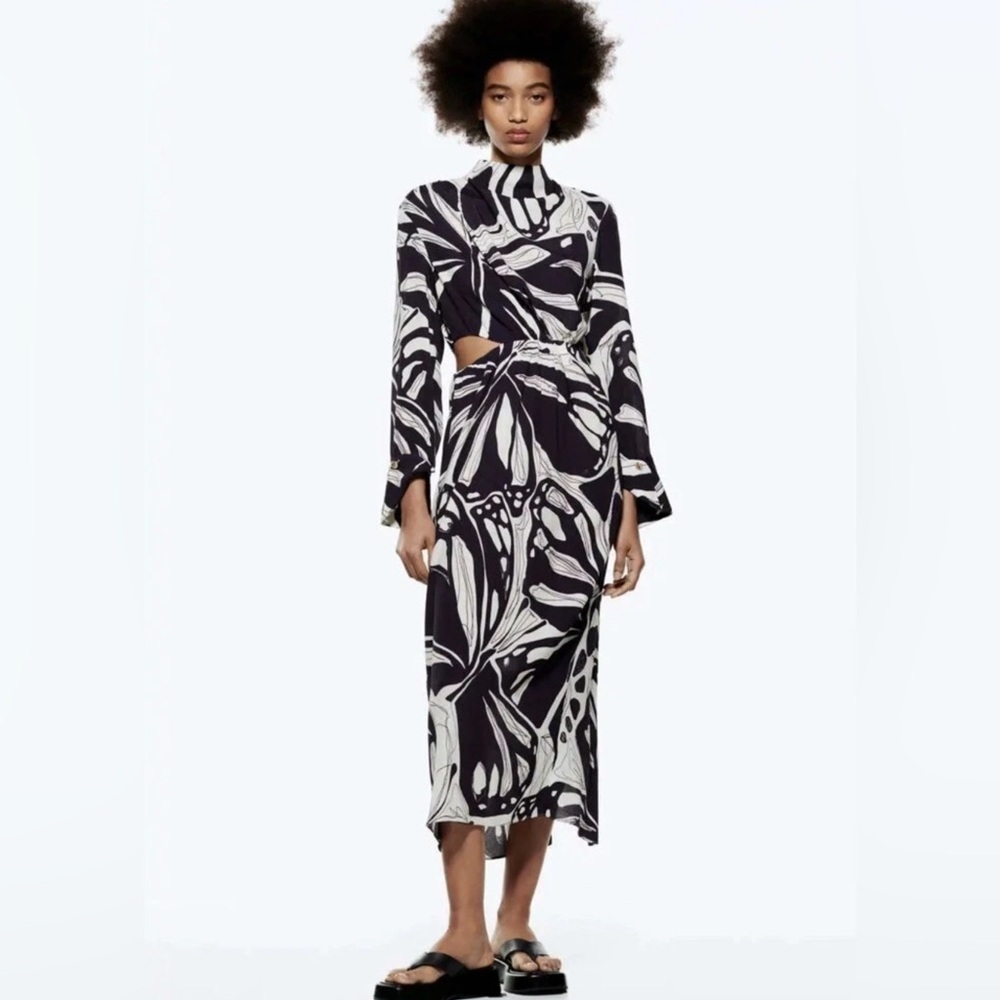 NWT Zara Monochrome Abstract Maxi Dress Navy Blue White Long Sleeve Sz. M